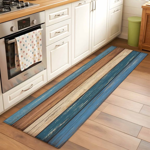 Runner Rug 2 x 6 Ft, Farmhouse Navy Blue Brown Washable Non-Slip Floor Mat for Kitchen Hallway/Entryway, Vintage Wooden Striped Long Kitchen Runner Area Rugs for Living Room, Low-Profile