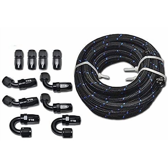 20 Feet - AN6/AN8/AN10 Steel Nylon Braided Oil Gas Fuel Hose Line & Black Swivel Fitting Kit (AN10)