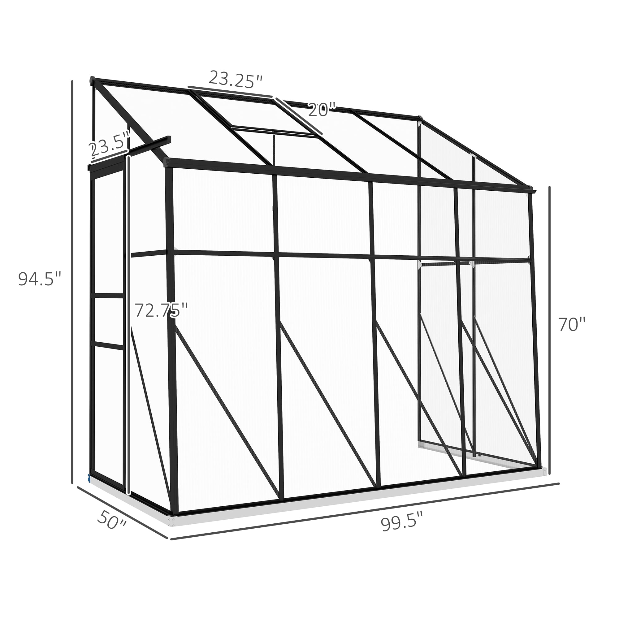 Homiyad 8' x 4' Walk-in Polycarbonate Greenhouse Lean-to Aluminum Green House with Rain Gutter and Foundation, Black
