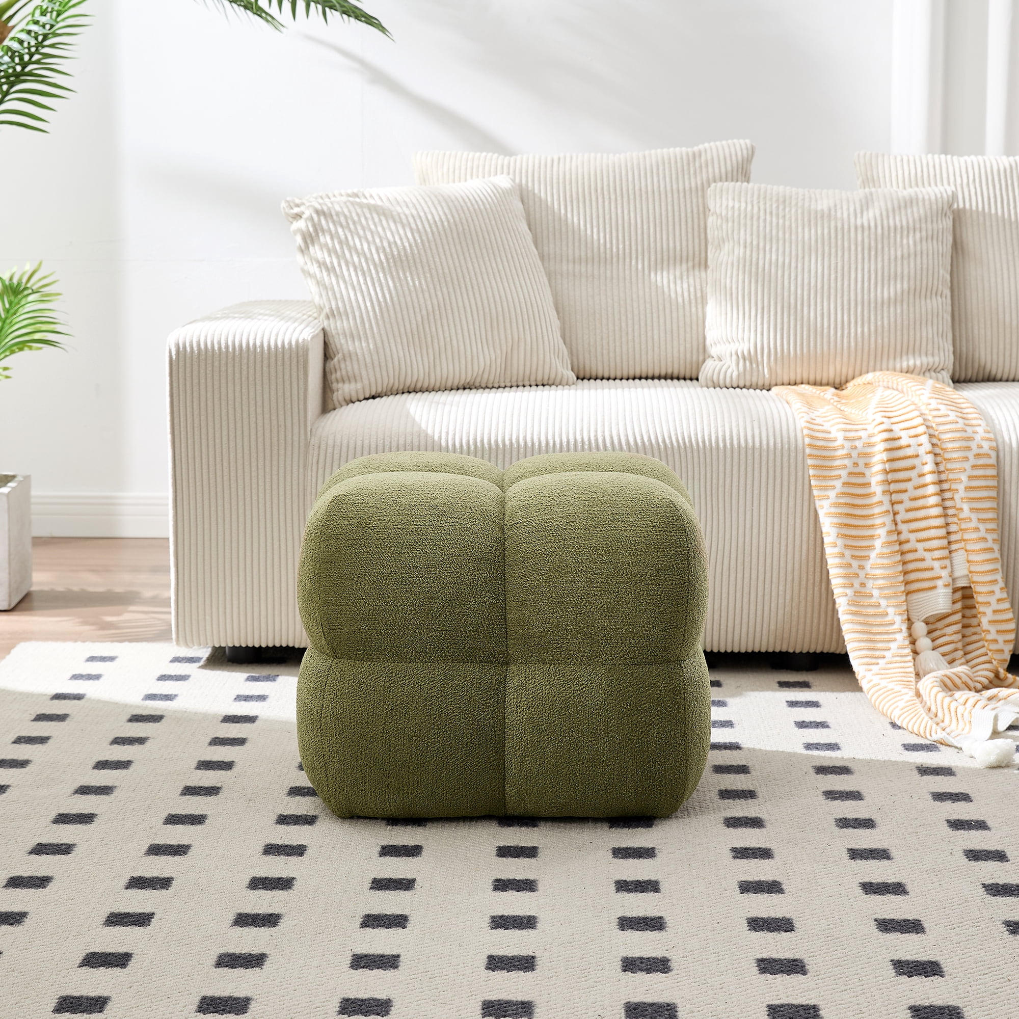 Zesthouse 20.9″ Wide Boucle Ottoman, Modern Foot Stool, Square Upholstered Tufted Ottoman Coffee Table, Extra Seating for Living Room Bedroom, Green