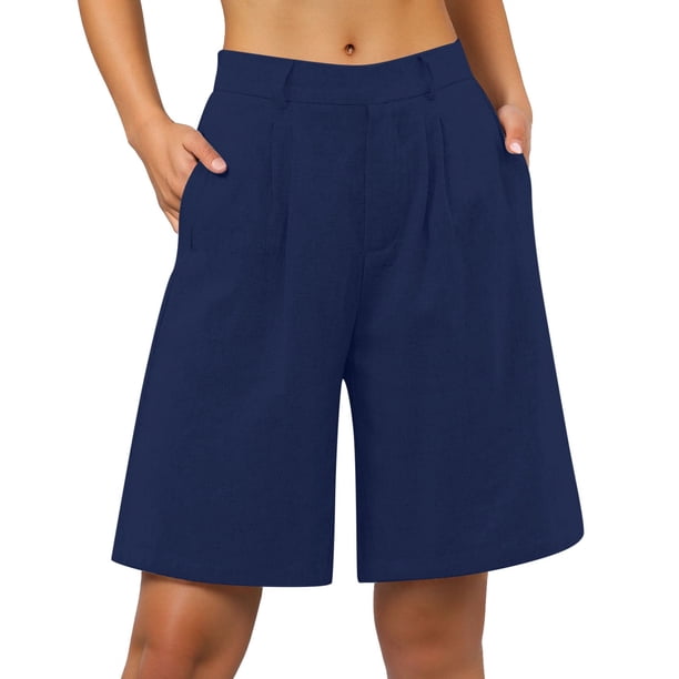 Pantalones cortos casuales de cintura alta para mujer - Pantalones de playa holgados hasta la rodilla con bolsillos