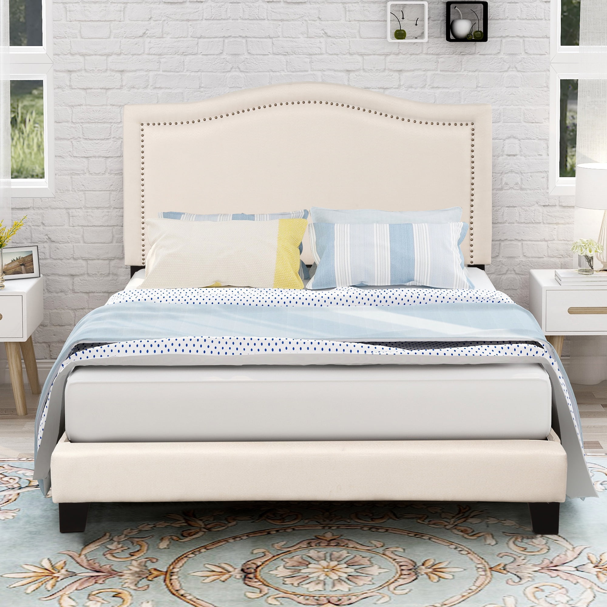 Full Upholstered Platform Bed Frame, Beige Linen Light Headboard with