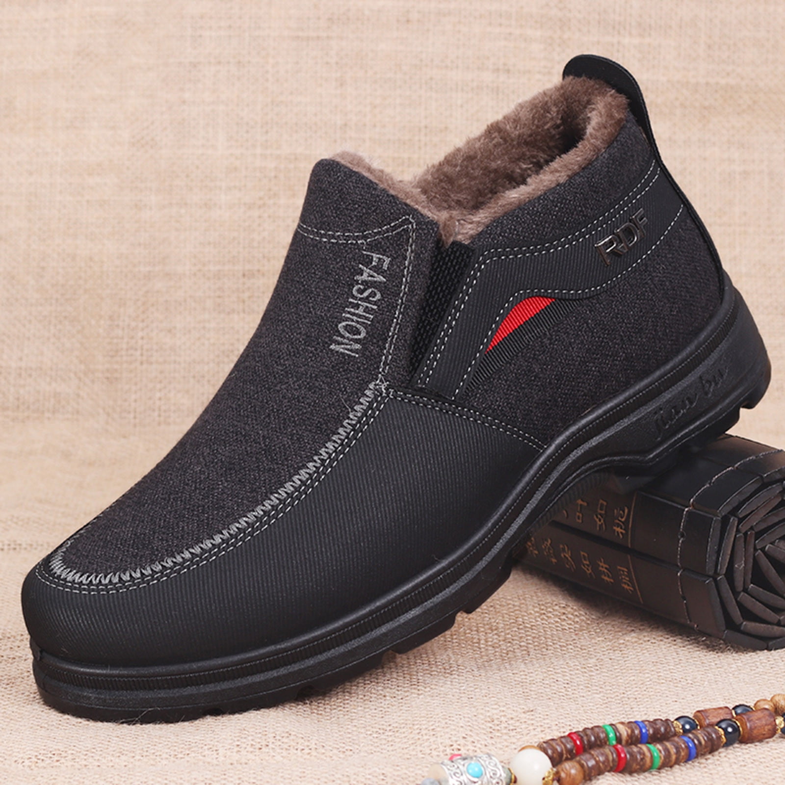 Chenyee Men's Winter Slip On Warm Ankle Boots Outdoor Non Slip Furry Lined Comfortable Hiking Walking Shoes
