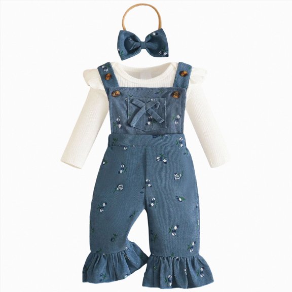 mgoYE Infant Baby Girl Floral Clothes Fall Winter 3 6 12 18 24M Long Sleeve Jumpsuit One Piece Romper Headband Bodysuit Baby Overalls Outfits(Blue,3-6 Months)