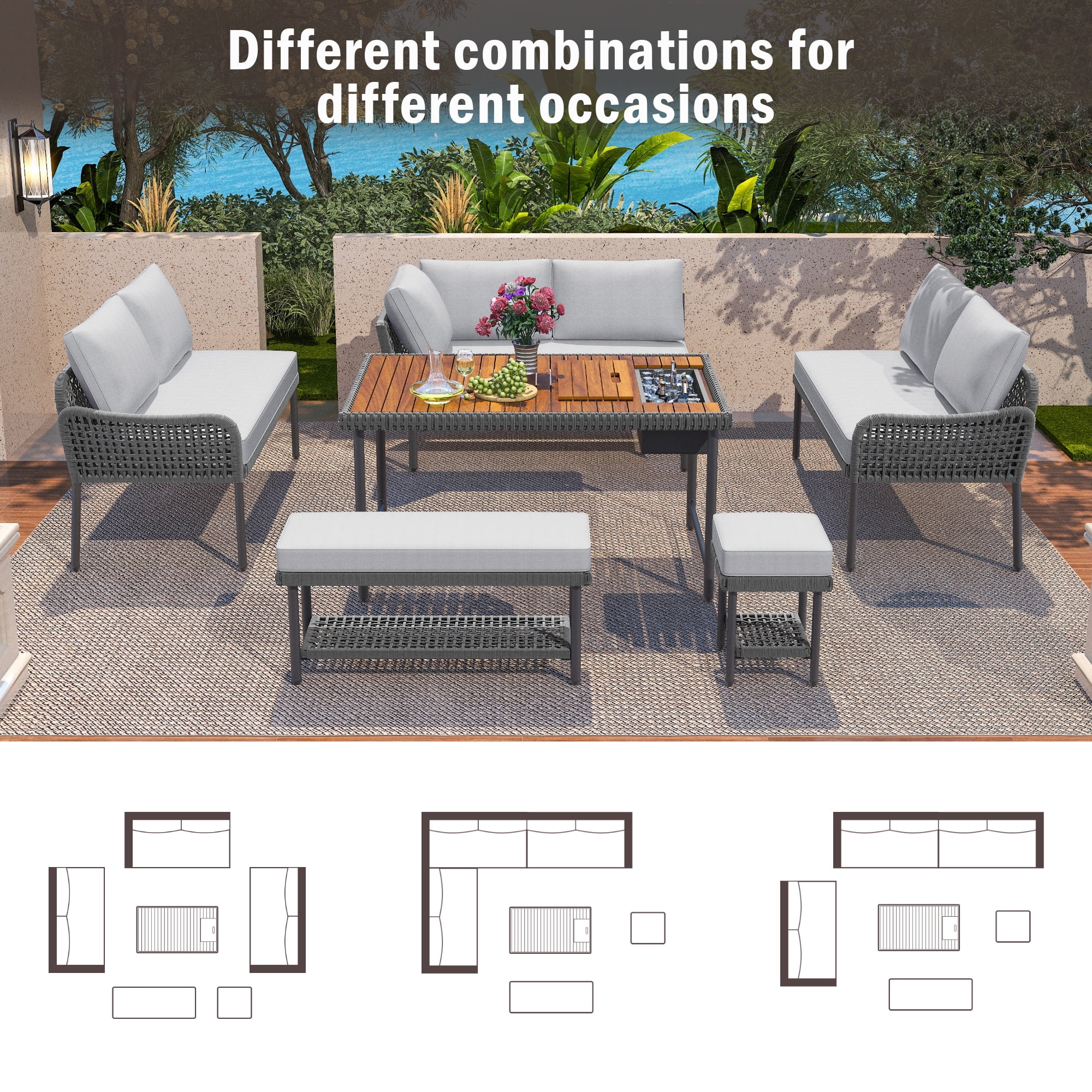 Aukfa 6-Piece Outdoor Furniture Set, Rope Weave Patio Conversation Set w/ Wood Table & Icebox, Gray