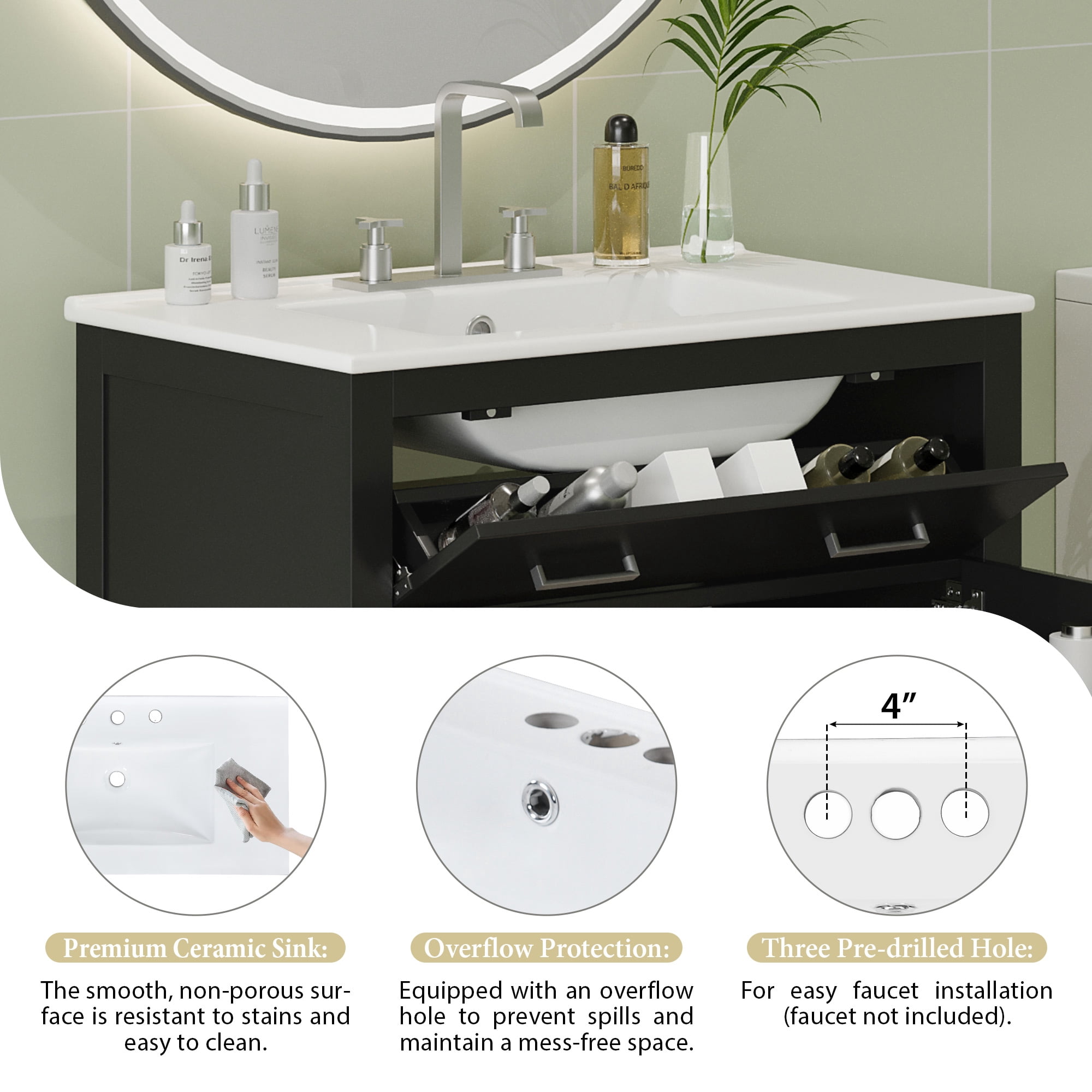 Euroco 60" Modern Black Bathroom Vanity Set with Double Vanities (Separate), Double Ceramic Sinks, Adjustable Shelf, Soft Close Doors and Flip Drawer– Modern Bathroom Solution for Spacious Bathrooms