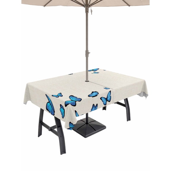 Outdoor Tablecloth with Umbrella Hole for Patio/Picnic/Party/Camping, Blue Butterfly Waterproof Table Cloth Rectangle Table Cover Washable, Vintage Country Gradient Butterflies (54"x 80")