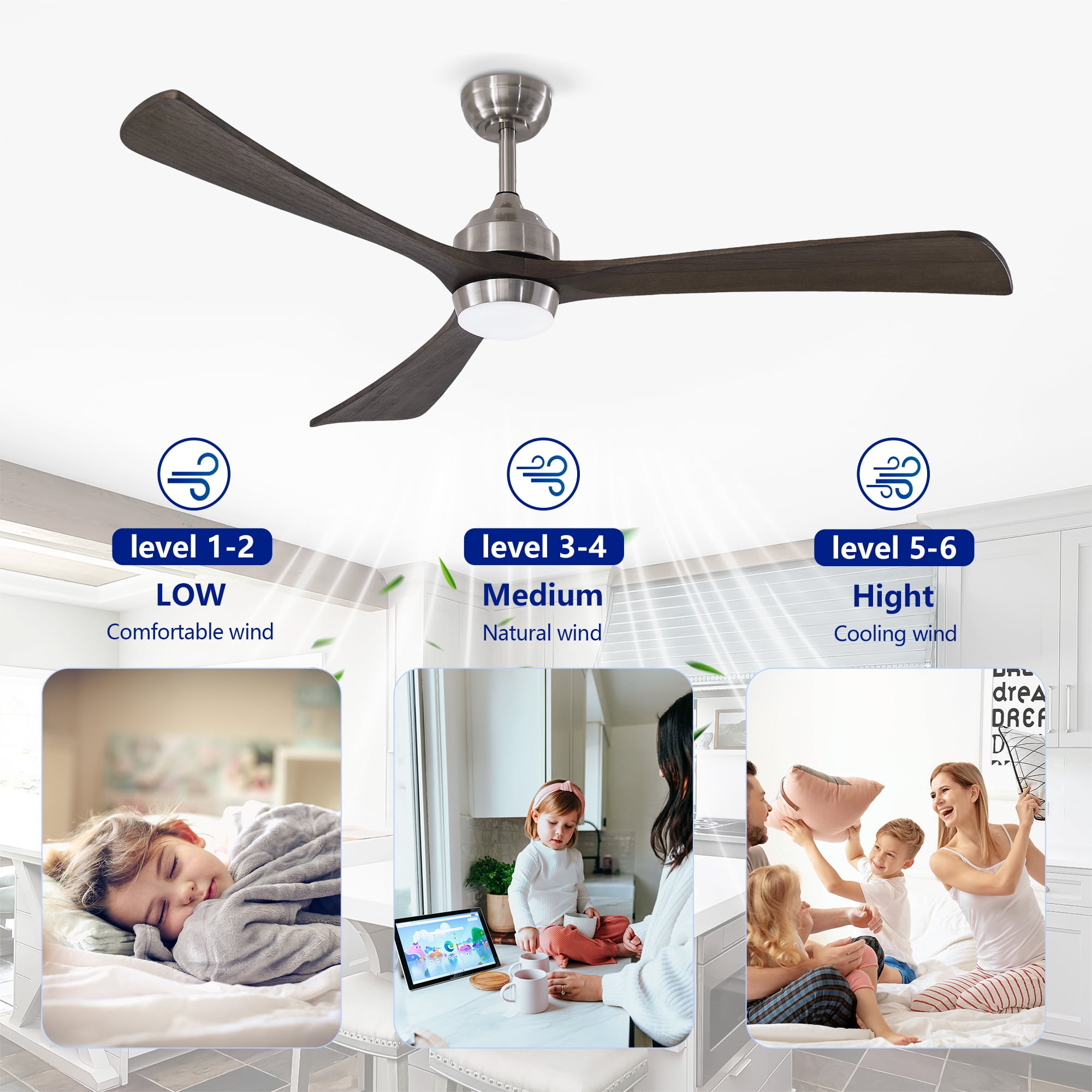 Leumius 62" Solid Wood Blades Ceiling Fan with Light and Remote Control,Quiet DC Motor 3 Blade Ceiling Fans 6 Speed Levels,Reversible for Patio Living Room Bedroom Office Black Nickel