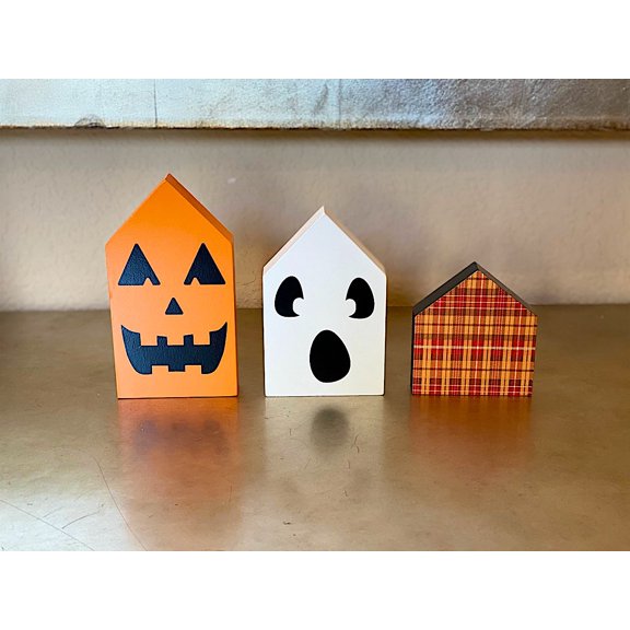 Halloween House Wood Blocks Ghost Pumpkin Plaid S/3 Tabletop Desk Bookshelf Office Room Decoration