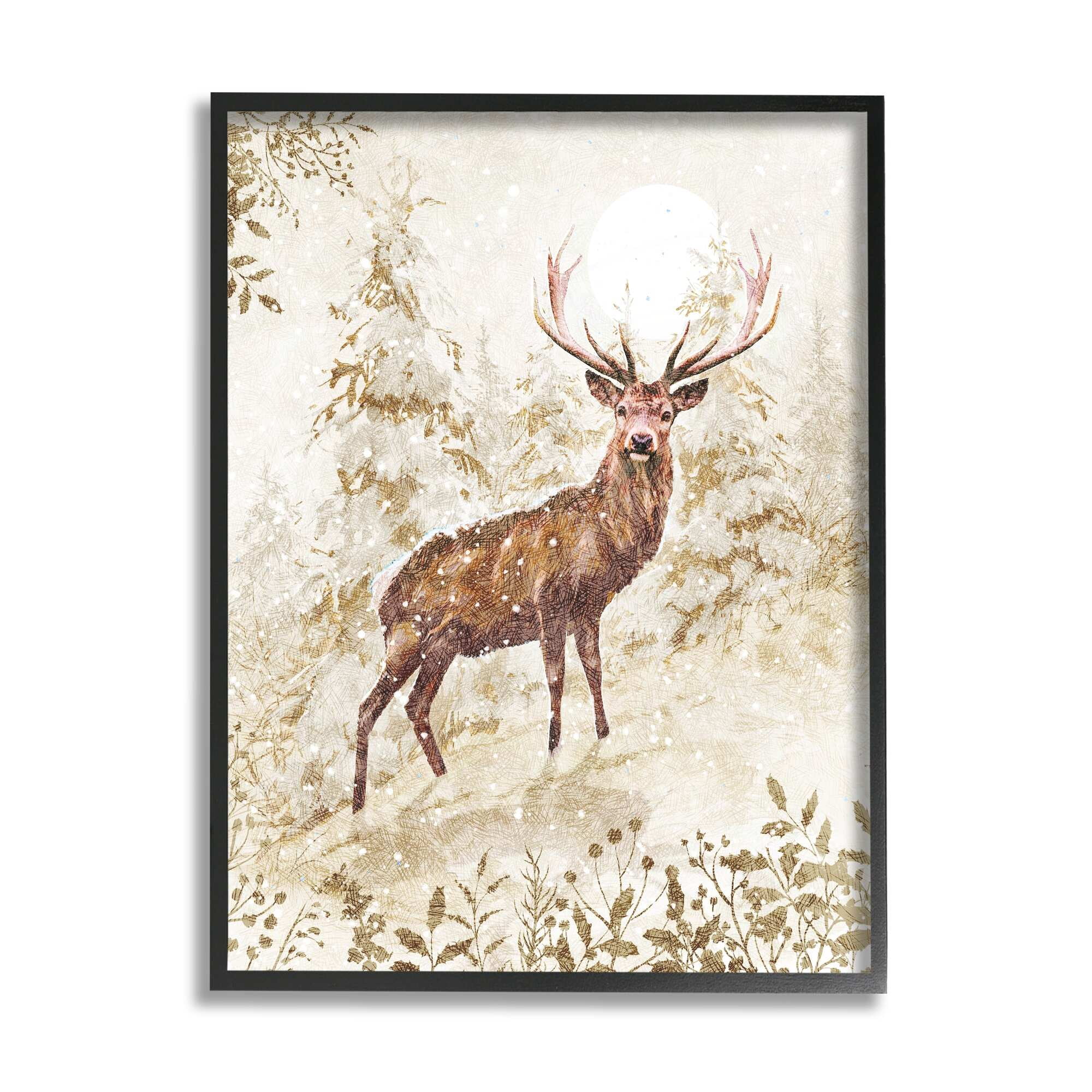Stupell Industries Elk Snow Covered Forest Holiday Painting White Framed Art Print Wall Art