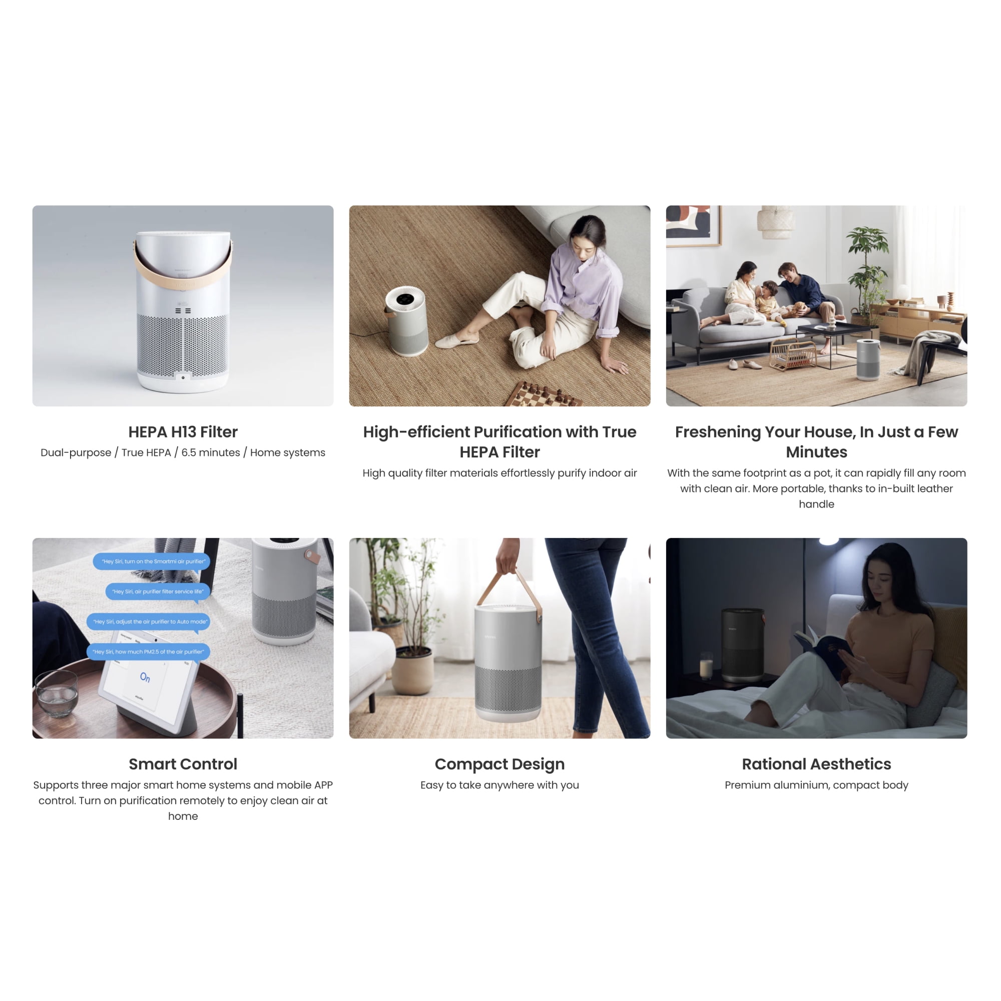 smartmi Air Purifier P1 Deep Consideration Powerful Filtration Accurate Monitoring Efficient Filtration 360 Cycled Purification Smart APP Control Portable to Carry Anywhere
