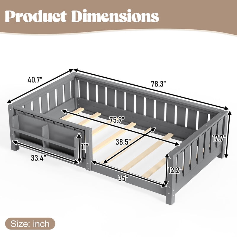 URTR Twin Size Montessori Floor Bed with Storage Bookshelf and High-Quality Safety Guardrail, Wooden Twin Floor Bed Frame, Wooden Platform Bed, Low Profile Twin Bed with Fence and Headboard, Gray