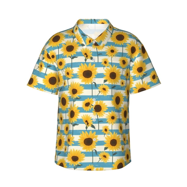 Fotbe White Blue Striped Sunflower Camisa Hawaiana para Hombre Unisex – Camisa Casual de Verano con Botones de Manga Corta de Algodón y Lino,Large