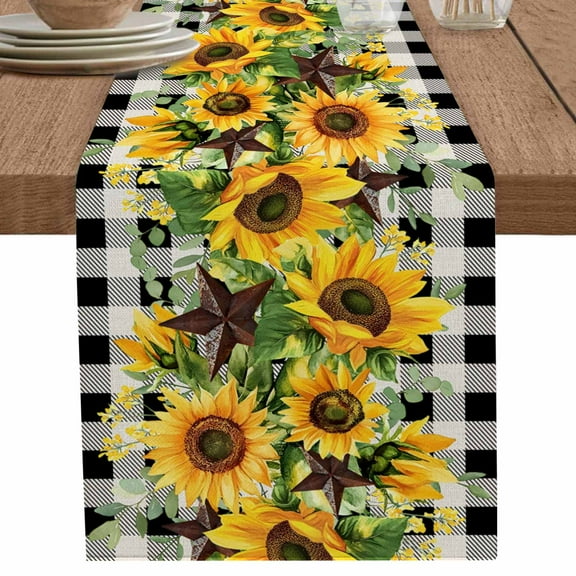 nqOlkjepod Sunflower Table Runner 120 Inches Long Farmhouse Dress Scarves, Rustic Brown Country Star Black Checkered Dining Tablerunner for Coffee Table/Kitchen Island/Party Décor, 13" x 120"