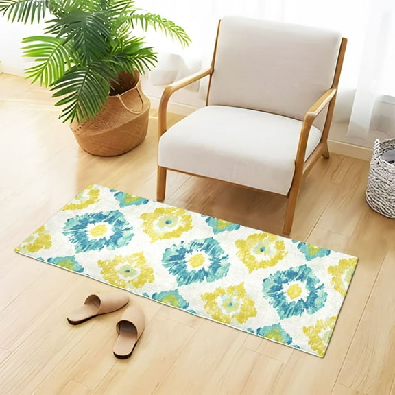 Abstract Yellow Turquoise Pattern Plush Carpet Non Slip Runner Rug Absorbent Bath Mat 39" x 20"