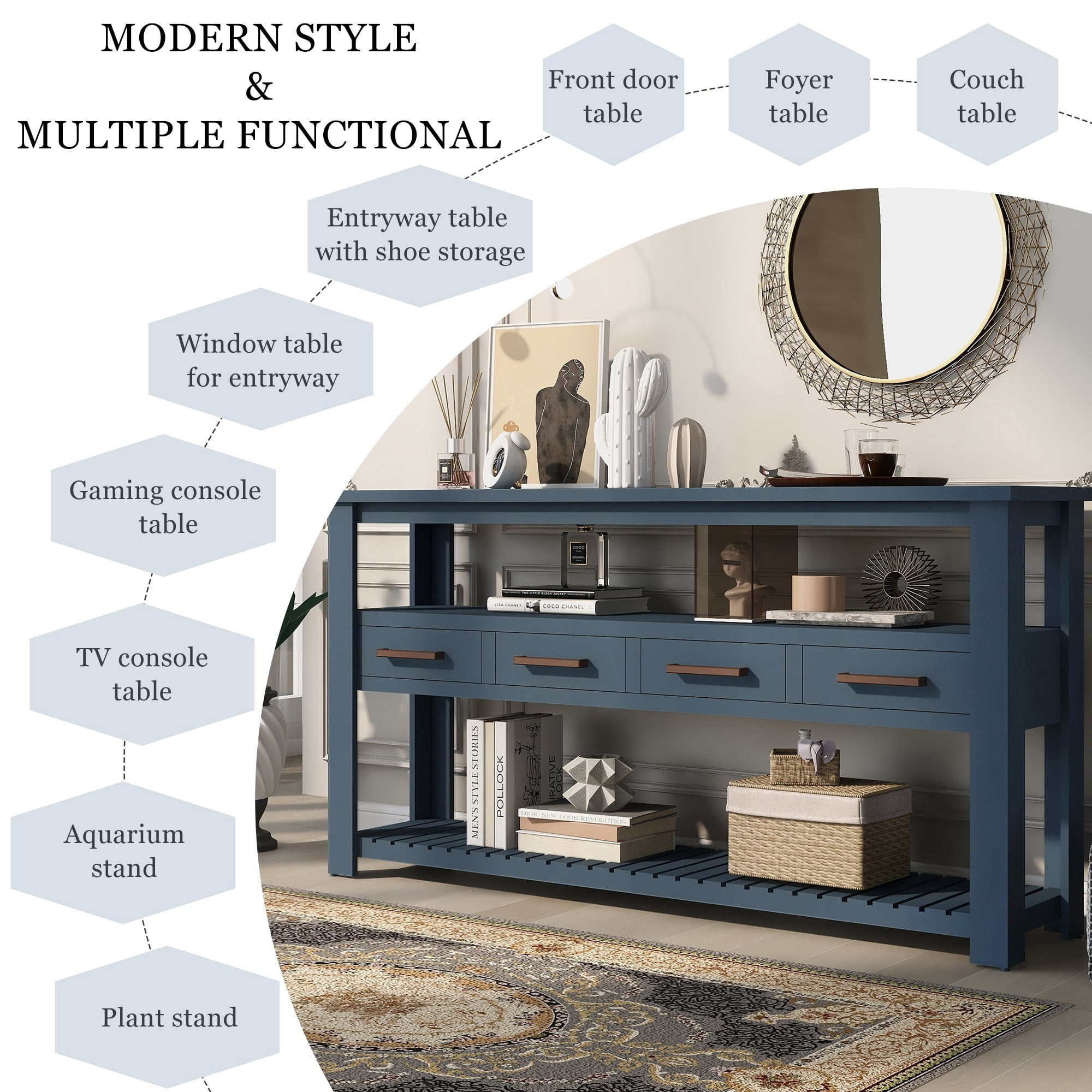 3-Tier Storage Console Table with 4-Drawer, Long Entryway Cabinet DisplayTable with Open Shelf, Versatile Sofa Table with Pine Legs