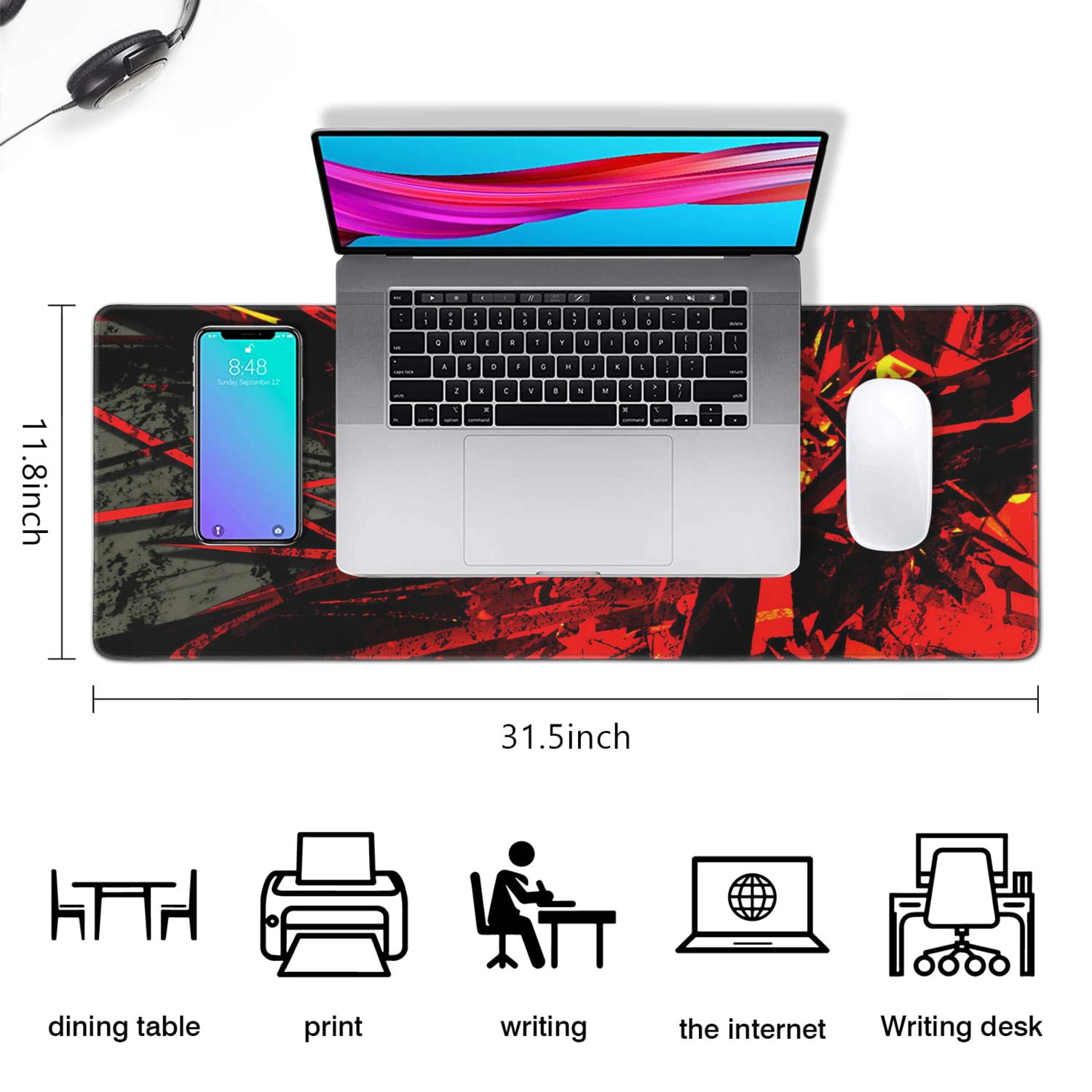 Black Red Gaming Mouse Pad (31.5x11.8 inch) - Large Non-Slip Base, Stitched Edge Desk Pad for Computer Keyboard - Ultimate Home Office Gaming Experience
