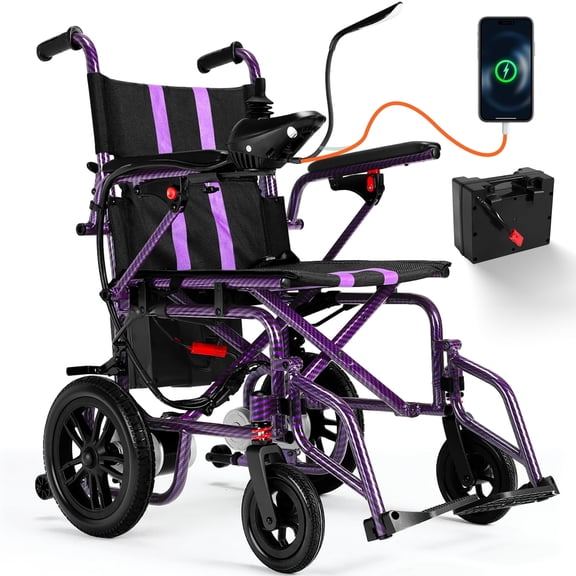 QEASET Foldable Electric Wheelchair for Seniors, More flexible than Mobility Scooter, Mobile phone charging, Purple