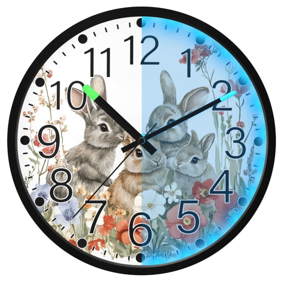 Ryvnso Flowers Bunny 12 Inch Night Light Wall Clock Silent Battery Operated Luminous Clocks