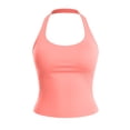 thumbnail image 4 of VNKIDY Womens Solid Color Halter Neck Workout Tank Top With Built In Bra Ribbed Slim Fit Sleeveless Crop Top For Yoga Gym Active Wear Watermelon Red2 S, 4 of 4
