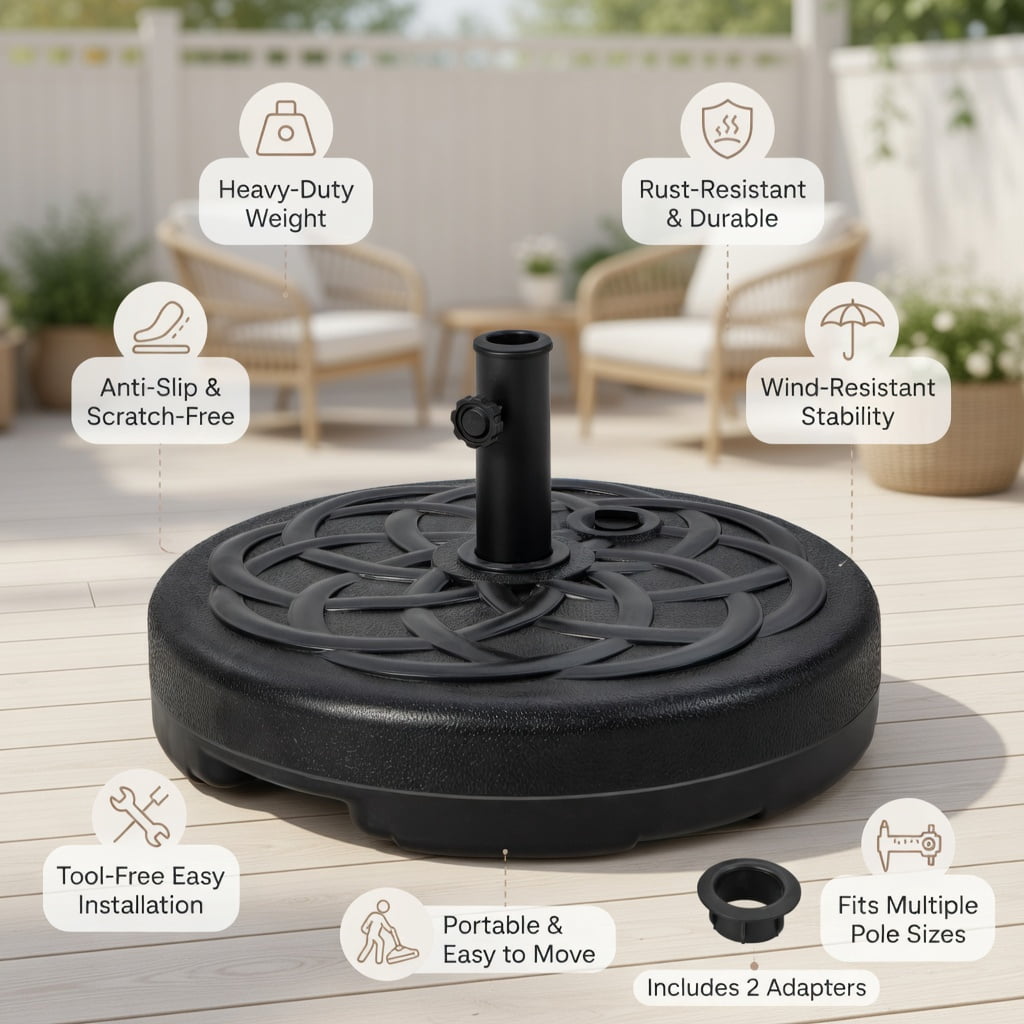 Resenkos Outdoor Umbrella Base, 22 Inch Fillable Heavy-Duty Round Patio Umbrella Base Stand, Black