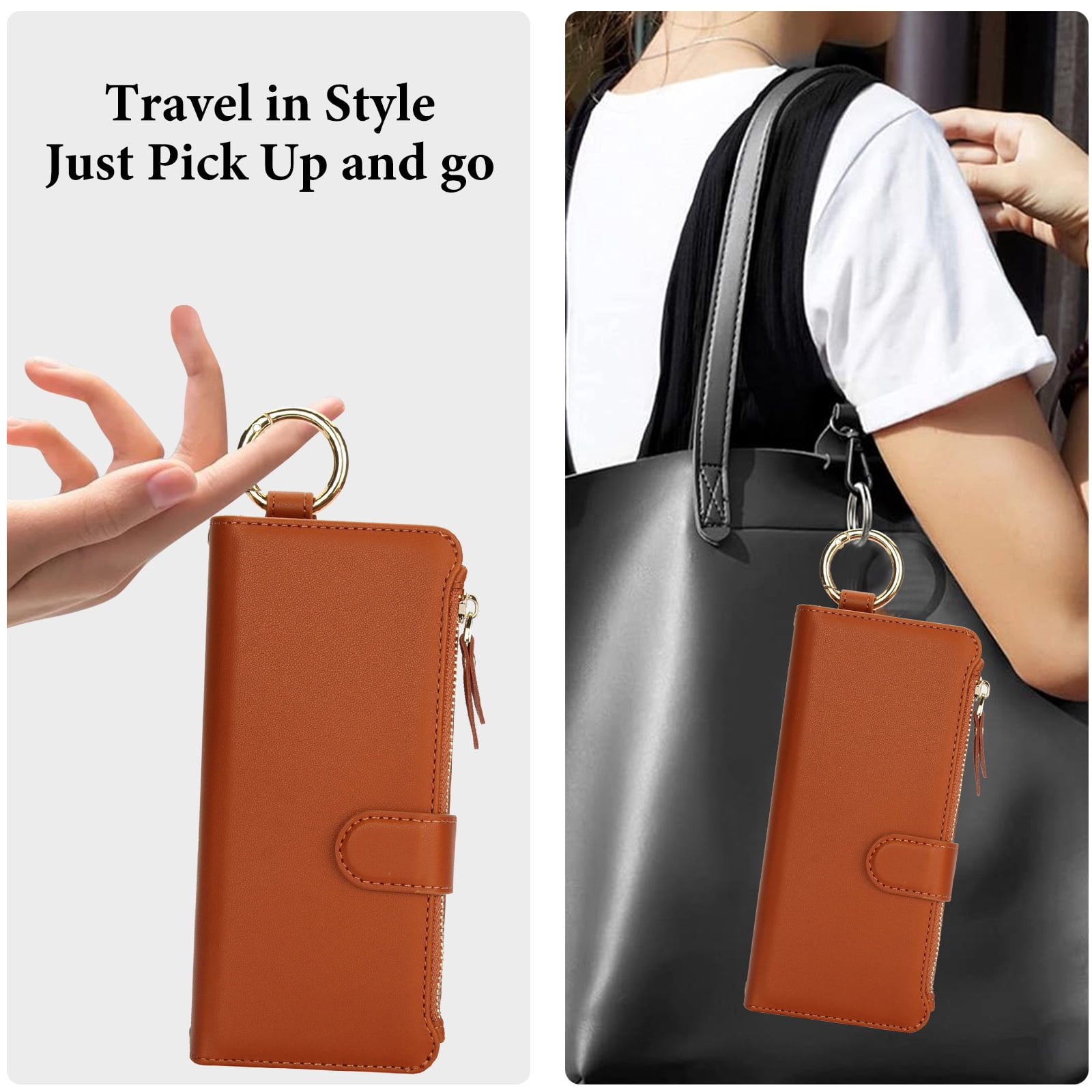 ELEHOLD For Samsung Galaxy Z Fold 4 Phone Case Leather Crossbody Zipper Card Wallet Flip Case Kickstand Cover, with Ring Holder,Full Body Protection-Brown