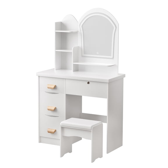 Eonox Makeup Vanity Desk with LED Lighted Mirror, Vanity Table with 4 Drawers & Open Shelves, Contemporary Dressing Table Set with Stool for Bedroom