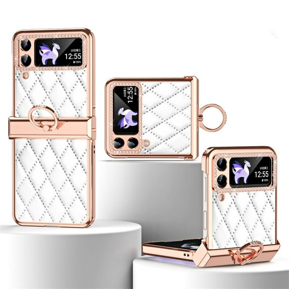 SaniMore Case for Samsung Galaxy Z Flip 3 6.7" 2021, Back Lens Screen Protector + Metal Ring Kickstand Women Girl Retro PU Leather Hard PC Shockproof Protective Bumper For Galaxy Z Flip 3, White