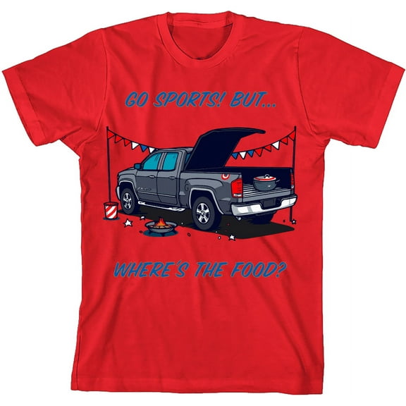 Go Sports! But Where's the Food? Kids Red Crew Neck Short Sleeve Tee-Medium