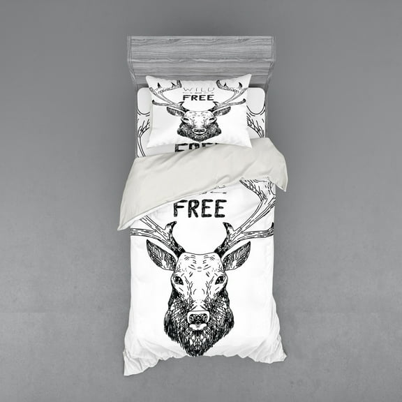 Ambesonne Adventure Bedding Set 3 Pcs, Deer Wild Free, Twin, Black White