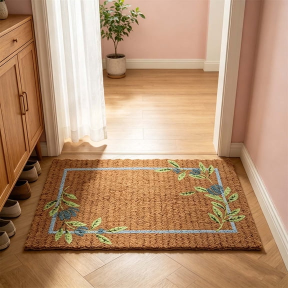 Pnmtdaia Natural Coir Jute Entrance Doormat, Hand Embroidery Floral Pattern Non-Slip Front Door Rug for Indoor Outdoor Patio Porch Entryway Home Decor