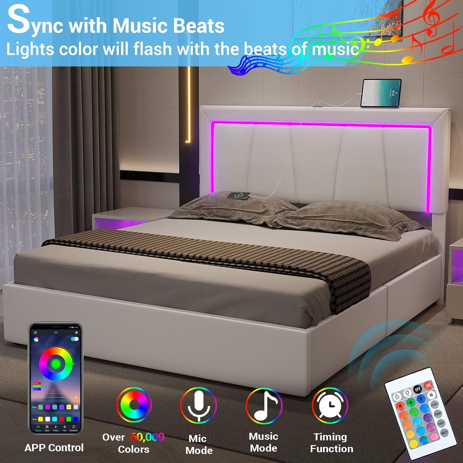 Queen Platform Bed Frame with LED Headboard&USB and Type-C Ports Modern Upholstered Bed Frame with 4 Storage Drawers,Faux Leather Bed Frame for Bedroom,White