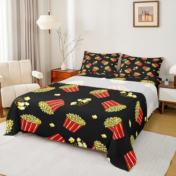 Manfei Cinema Popcorn Twin Sheet Sets,Movie Time Twin Fitted Sheet,Red Yellow Black Flat Sheet For Girl,Microfiber Bedroom Decor,3 Pieces