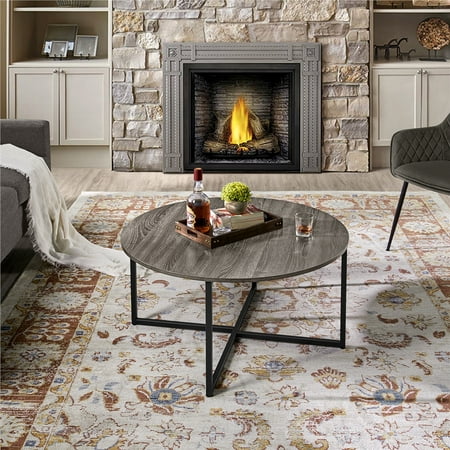 Alden Design Modern Round Metal Coffee Table for Living Room, Gray/Black