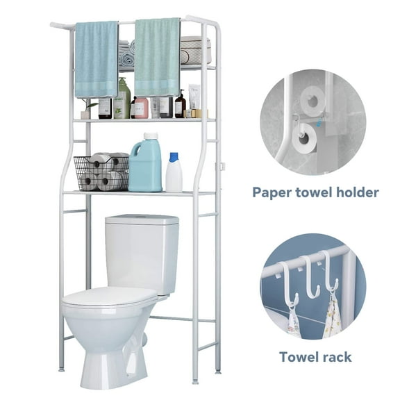 HioHa Over the Toilet Storage, Bathroom Organizers and Storage Shelf with Hanging Rod Paper Holder and 3 Hooks, Freestanding Toilet Rack Space Saver, White