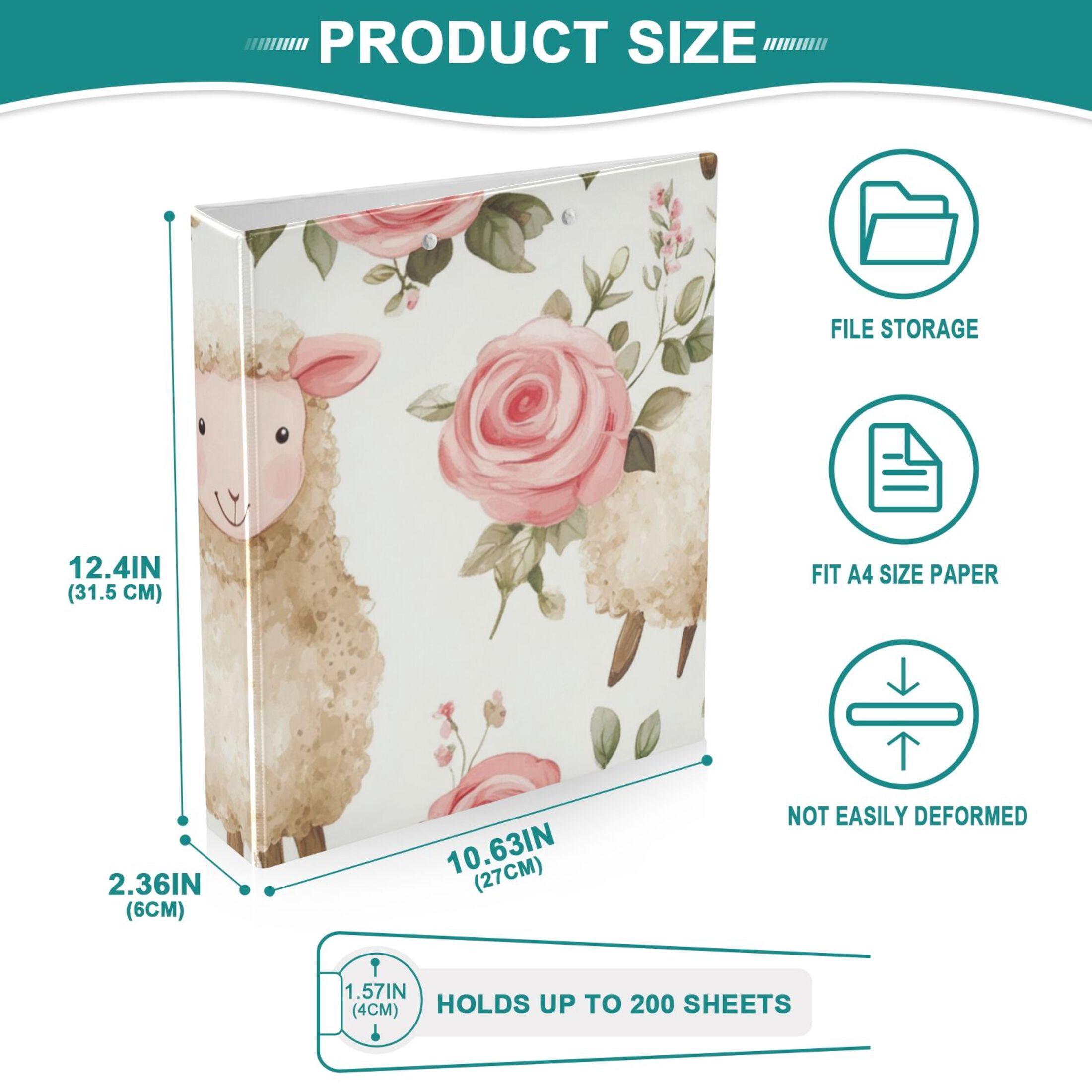 Sheeps Roses Floral 3 Ring Binders 1.5 inch Hardcover File Folders with Interior Pockets A4 Size Organizer for School Office Hospital