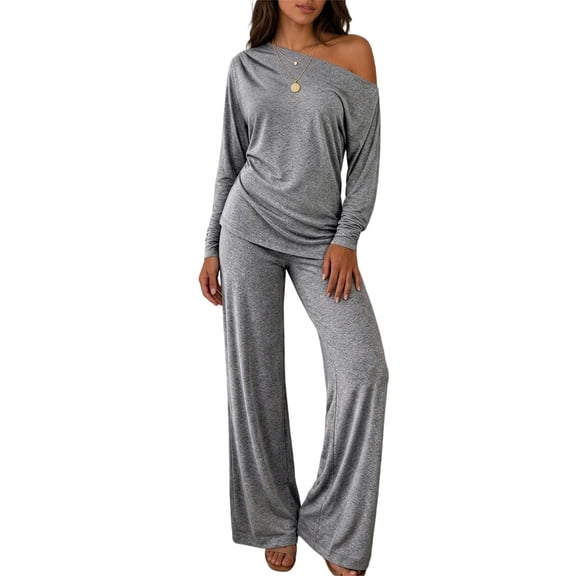 ChicMe Two Piece Sets for Women Lounge Outfit Asymmetric Ruched Solid Color One Shoulder Long Sleeve Pullover Tops with Wide Leg Pant Set Tracksuit Dark Grey-L