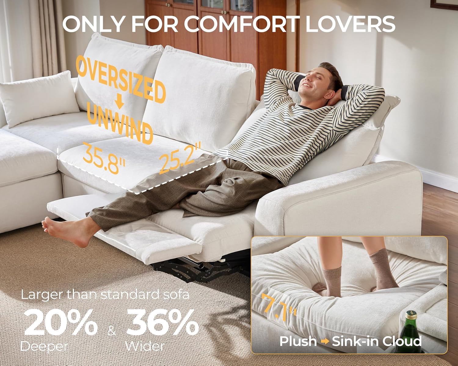 BEDEEP 134'' Power Recliner Sofa with Headrest Console, Modular Cloud Sectional Chenille Reclining Couch with Charging Station, Convertible 5-Seater Sofa Couch for Living Room RV, White