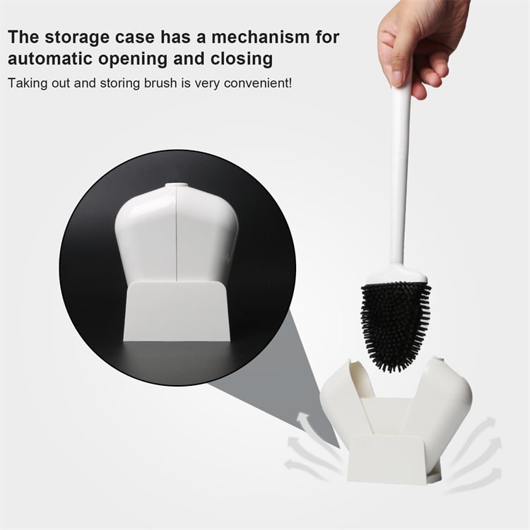 Bathroom Toilet Brush and Holder Set, Toilet Bowl Cleaner Bendable Tongue-Shaped Silicone Brush Head Anti Splash Bristles, Self Closing Quick Drying Holder in White