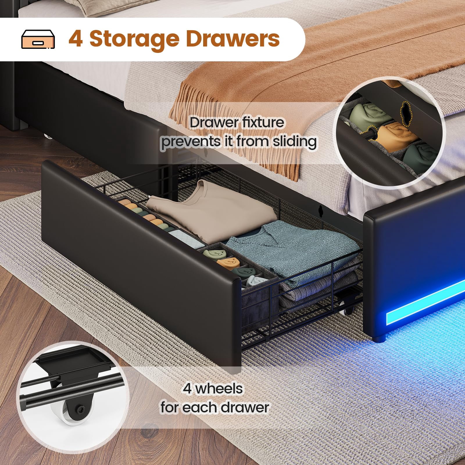 Twin Bed Frames with Drawers,Upholstered Storage Headboard,LED Bed Frame Twin with Charging Station,Black PU