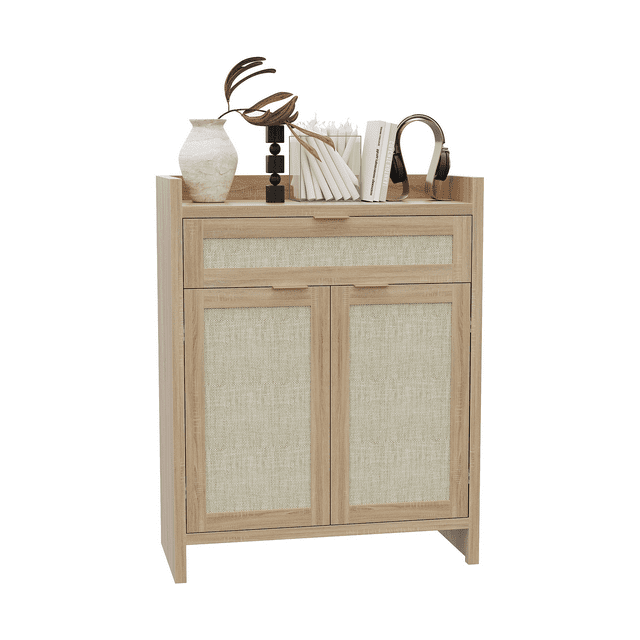32‘’ Wooden Shoe Cabinet with Doors, Drawer & Rattan Front, Adjustable Shelf Storage for Entryway & Living Room