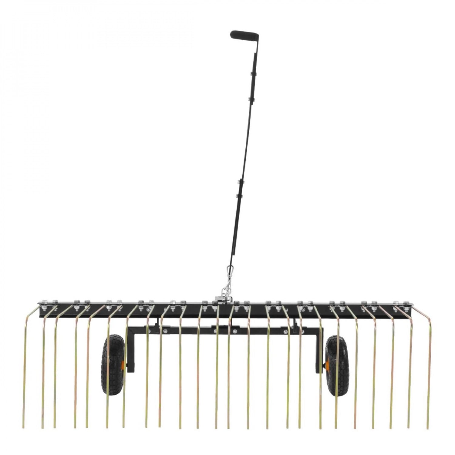 60 Inch Wide Tow Behind Dethatcher Rake With 24 Sharp Steel Tines Lift Handle For Atv Mower Lawn Care Leaves Pine Needles Grass Removal