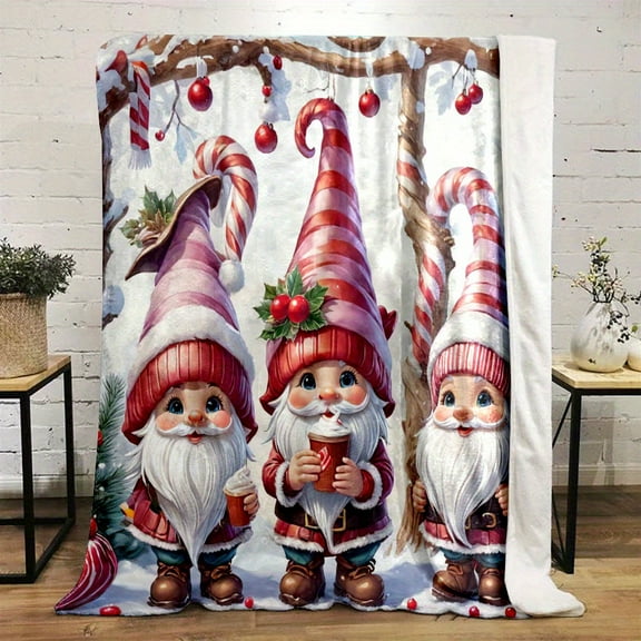 3D Christmas Gnomes Printed Flannel Fleece Blanket, Reversible, All-Season, Soft and Warm, No Shedding, Home Kitchen Bedding, Contemporary Style, 200-250g Fabric Weight