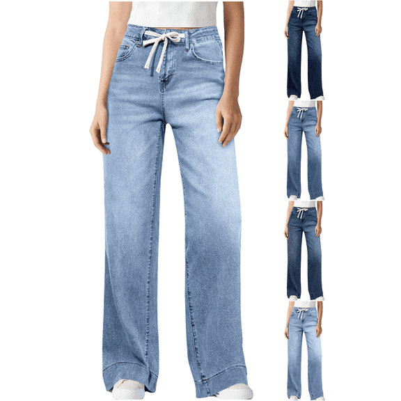 Zeijnsda Straight Leg Jeans for Women High-Waist Elastic Drawstring Denim Pants Vintage Solid Color Baggy Jeans Trendy Wide‑Leg Denim Long Pants for Fall Daily Outings