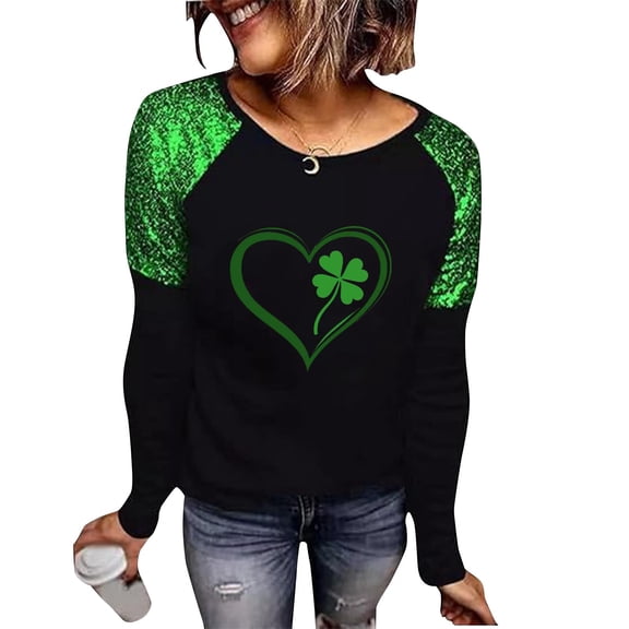 Diufon Womens St. Patrick's Day Shirts Funny Shamrock Graphic Printed Sequins Sparkling Sleeve Casual Tee Tops