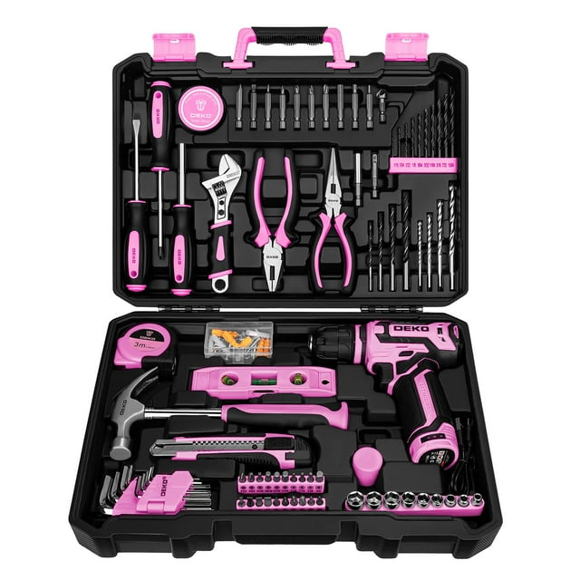 Juego de herramientas DEKOPRO, taladro inalámbrico rosa de 12 V para reparación del hogar para mujeres