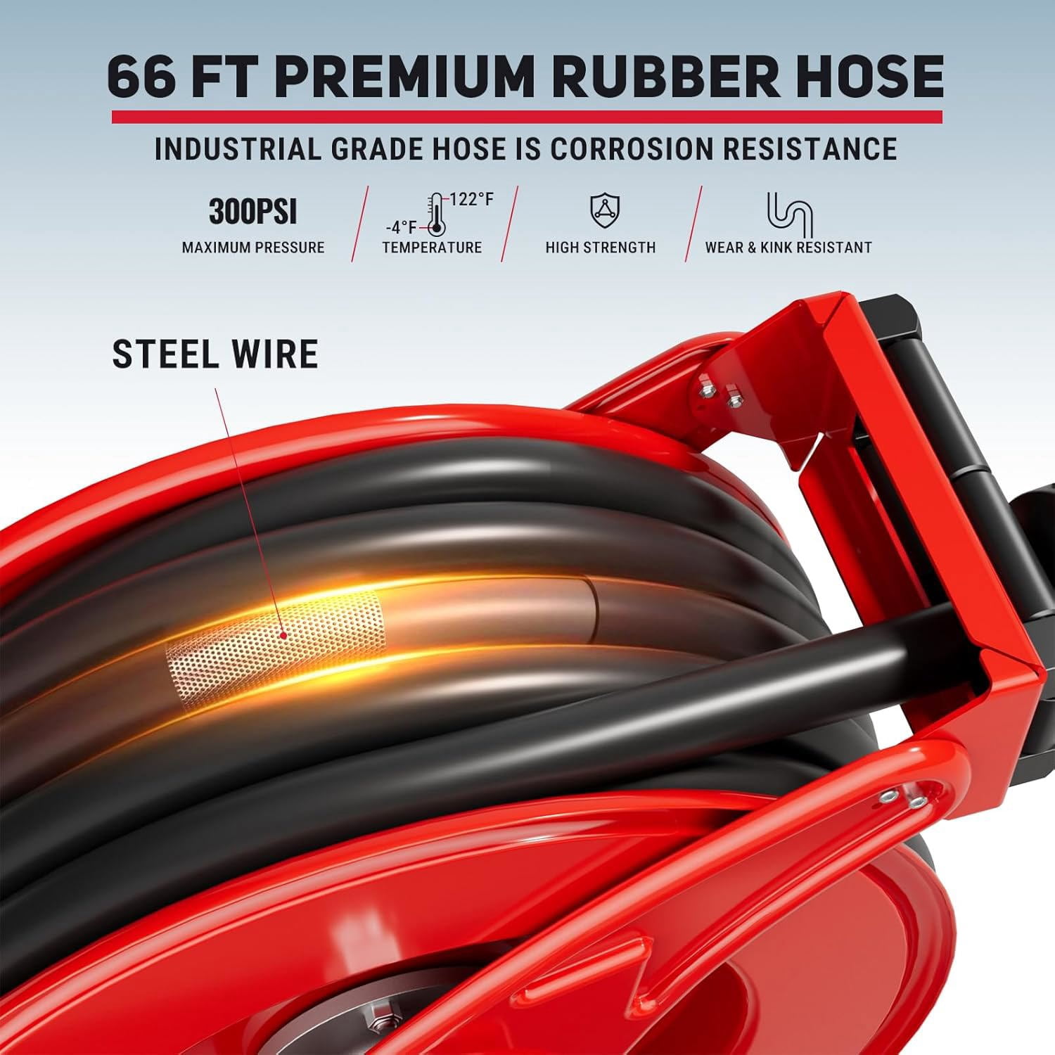 Fuel Hose Reel Retractable, 3/4" x 66FT with Fueling Nozzle, Auto Rewind Spring Driven Diesel Hose Reel, 300PSI Industrial Heavy Duty Steel Construction Reel for Farm Aircraft Ship Vehicle Trailer