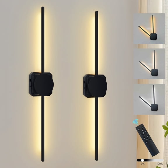 GCGAFUL 30 Inch 3CCT Dimmable Wall Sconces with USB Rechargeable, 2 Pack Black LED Wall Lights with Remote, Battery Operated for Picture Lighting