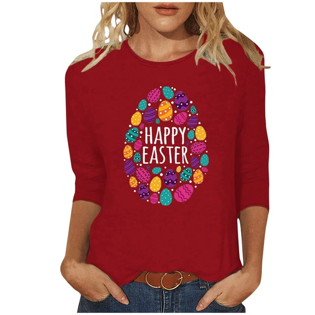 RKSTN Hauts Grande Taille pour Femmes Ufs de Pâques Mignons Imprimés Lapin Coupe Ample Col Rond Manches 3/4 Printemps Été Blouse Douce