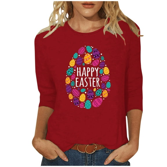 Polyester 3/4 Sleeve T Shirts for Women 2025 Easter Graphic Print Crewneck Casual Holiday Plus Size Tee Tshirts (X-Large, Red 06)